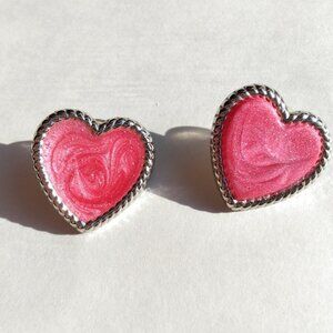 Vintage Pink Shimmer Heart Stud Earrings Valentine's Love 1" Silver Tone Swirl
